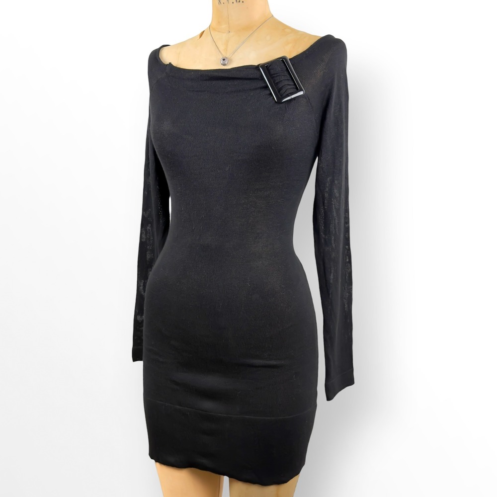 Y2K Buckle Shoulder Knit Dress Boat Neck Minimalist Goth Bodycon Size L